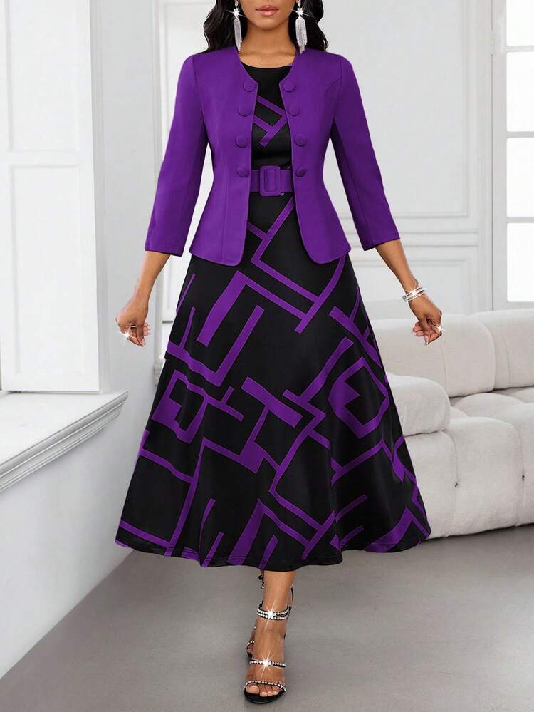 semi formal autumn dresses SHEIN Lady Women's Elegant 2 Pieces Set Sleeveless Dress & Solid Color Jacket,Black And Purple,Semi Wedding Guest For Mother Easter Outfit SCH004624_LG_L