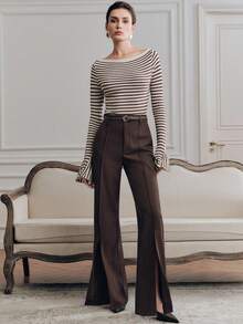 Anewsta Women's Spring/Summer Knit Top, French Elegant Striped Off-Shoulder Flare Sleeve Blouse - Coffee Brown - View 3