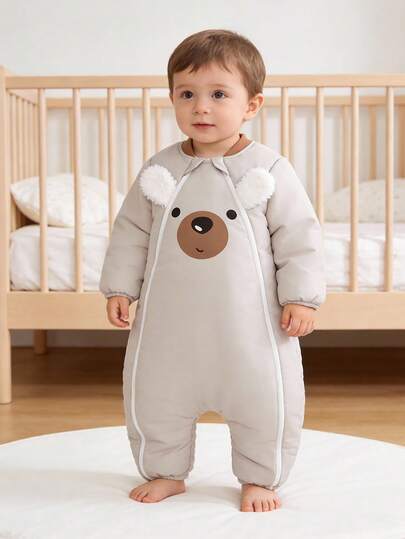 Cozy Pixies 1件婴儿睡袋，厚实柔软，可爱小熊印花设计，卡其色