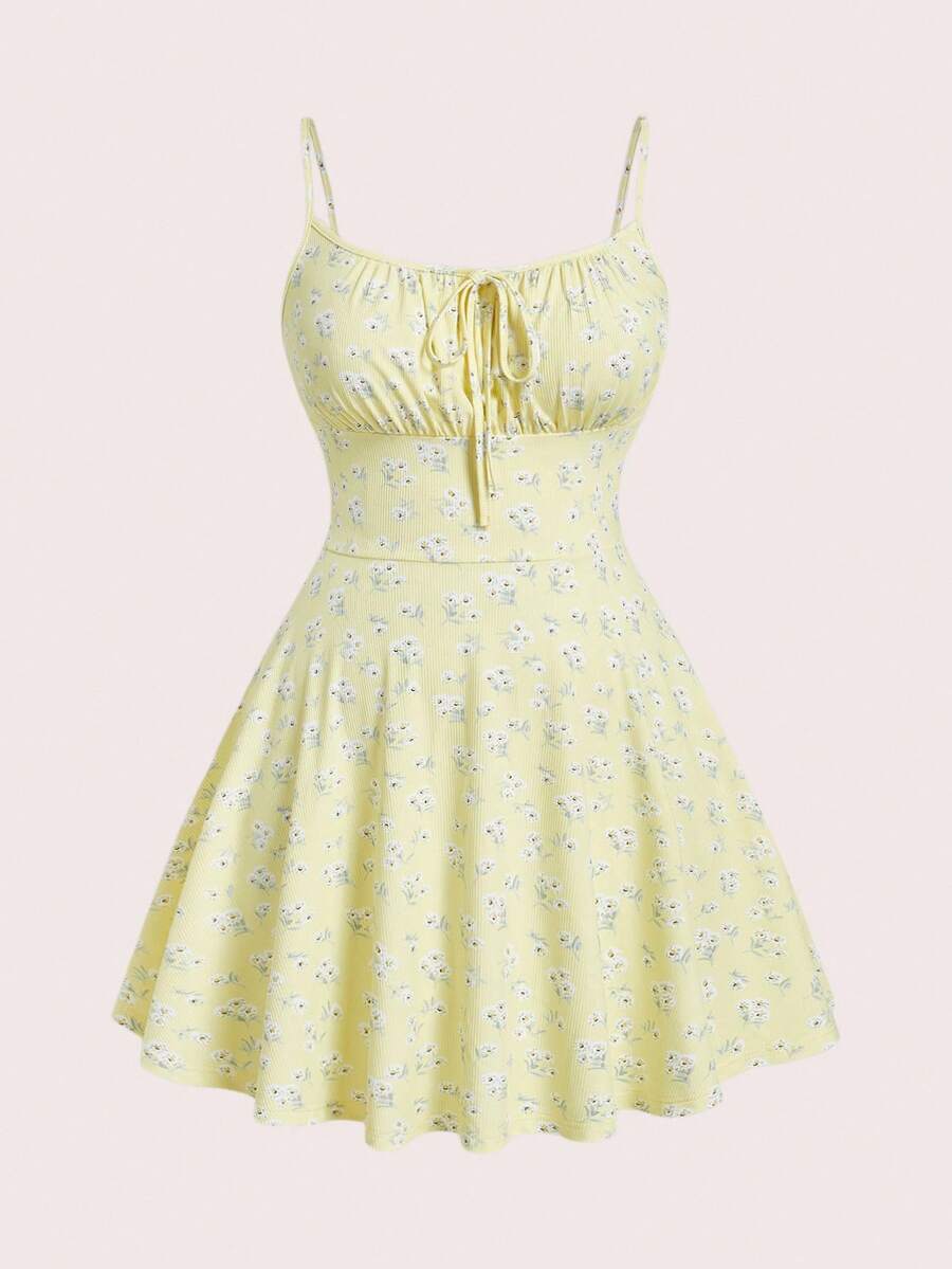 SHEIN EZwear 性感夏季黄色针织紧身迷你连衣裙，细肩带，沙滩连衣裙，度假装，波西米亚风，束身连衣裙 - 黃色 - 查看 1