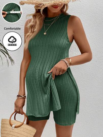 SHEIN Maternity Solid Color Round Neck Sleeveless Split Rib Casual 2 Pieces Set, Summer Two Piece Set Women Comfy Maternity Two Piece Sets 2 Piece Casual Sets Woman Green Outfits For Women Comfortable Two Piece Set