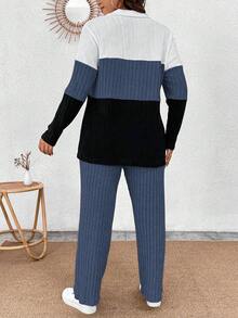 EMERY ROSE Plus Size Collared Zipper Decor Soft Knit Long Sleeve Ribbed Colorblock T-Shirt & Soft Ribbed Pants Casual 2-Piece Outfit - Multicolor - View 2