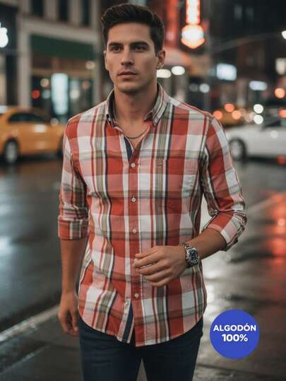 Camisa Hombre manga larga  con líneas, cuadro mediado, con bolsillo moda moderno actual fresco guapo Camisa de Hombre manga larga 100% algodón ,estilo clásico y cómodo, cuadros, con botones y bolsillo.