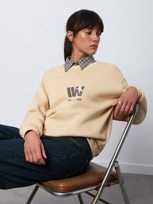 SURIMA Sudadera holgada de mujer de cuello redondo, manga larga, estampado minimalista casual - Albaricoque - Ver 4