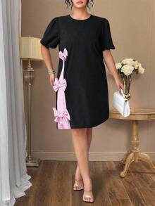 Auvina 大码女式拼色蝴蝶结装饰圆领短袖连衣裙