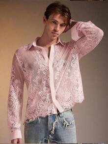 FeverCity Men's Fashionable Sexy Sheer Lace Mesh Shirt - Pink - View 4