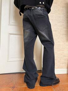 Manfinity EMRG Jeans acampanados elásticos desgastados con efecto de arrastre de pezuña en estilo callejero juvenil, para otoño/invierno - Negro - Ver 2