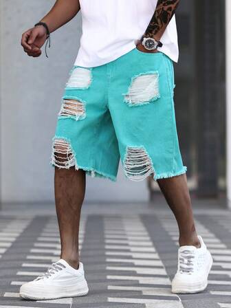 Manfinity Roughcore Pantaloncini di jeans casual da uomo lavati e consumati