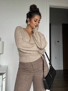 NegzBox Floral Print Wrap-Style Cropped V-Neck Tie Waist Long Gigot Sleeve Casual Elegant Sweater For Women,Long Sleeve Tops Knit Pullover Fall Winter Outfit - Khaki - View 4