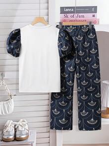 SHEIN 2pcs Teenage Girls Cute White Printed T-Shirt And Pants Set,Soft Comfortable Fabric For Summer,Family Matching,Short Sleeve Oversized Outfits Outings - Black - View 2