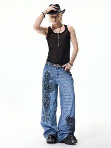 ROMWE MEN Street Life Men's Casual Washed Cross Logo Print Denim Jeans - Blue - View 7