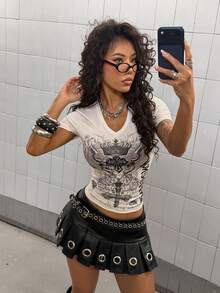 StreetHx بلوزة نسائية قصيرة الأكمام بطبعة ملونة عصرية بطراز بانك - متعدد الألوان - مشاهدة 6