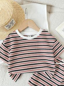 LMoss Kids 2pcs Baby Girl Knitted Striped Round Neck T-Shirt And Shorts Set - Pink - View 6