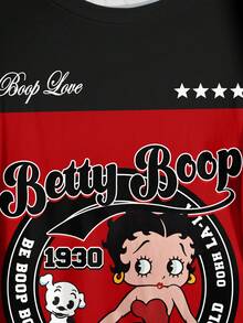 Betty Boop x SHEIN Plus Size Summer Casual Contrast Color Figure Graphic Round Neck Short Sleeve T-Shirt - White - View 4