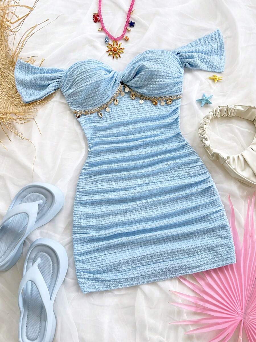 Soleia Robe moulante à épaules dénudées en maille tricotée pour les vacances - Bleu ciel - Voir 1