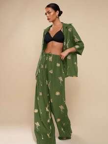 COSMINA Women's Drawstring Waist Pockets Floral Embroidery Pattern Casual Versatile Commuting Wide Leg Pants - Green - View 3