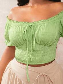 SHEIN SXY 大码女式波西米亚风绿色荷叶边露肩短袖衬衫 - 綠色 - 查看 3