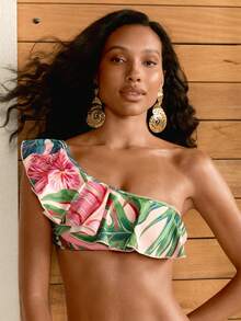 CAJUNI Women's Casual Vacation Turtle Back Bamboo Pink & Green Asymmetric Triangle Bikini Swimsuit Set, Swimwear, Beach, Swimming - Multicolor - View 6