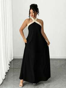 Elenzga Bộ sưu tập Kooky Elegance không bao giờ lỗi mốt (Phong cách u sầu) (Phong cách ngày thứ Tư) Đầm cổ yếm phối màu cỡ lớn - màu đen - Xem 5
