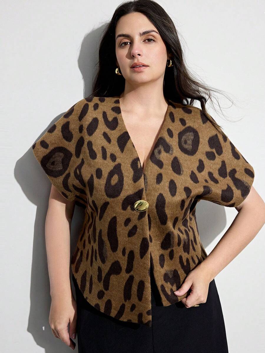 Aveloria Modichic Animal Print Woolen Fabric, Button Decor, Retro Chic Design, Fashionable & Versatile Women's Vest Blazer Top For Commuting