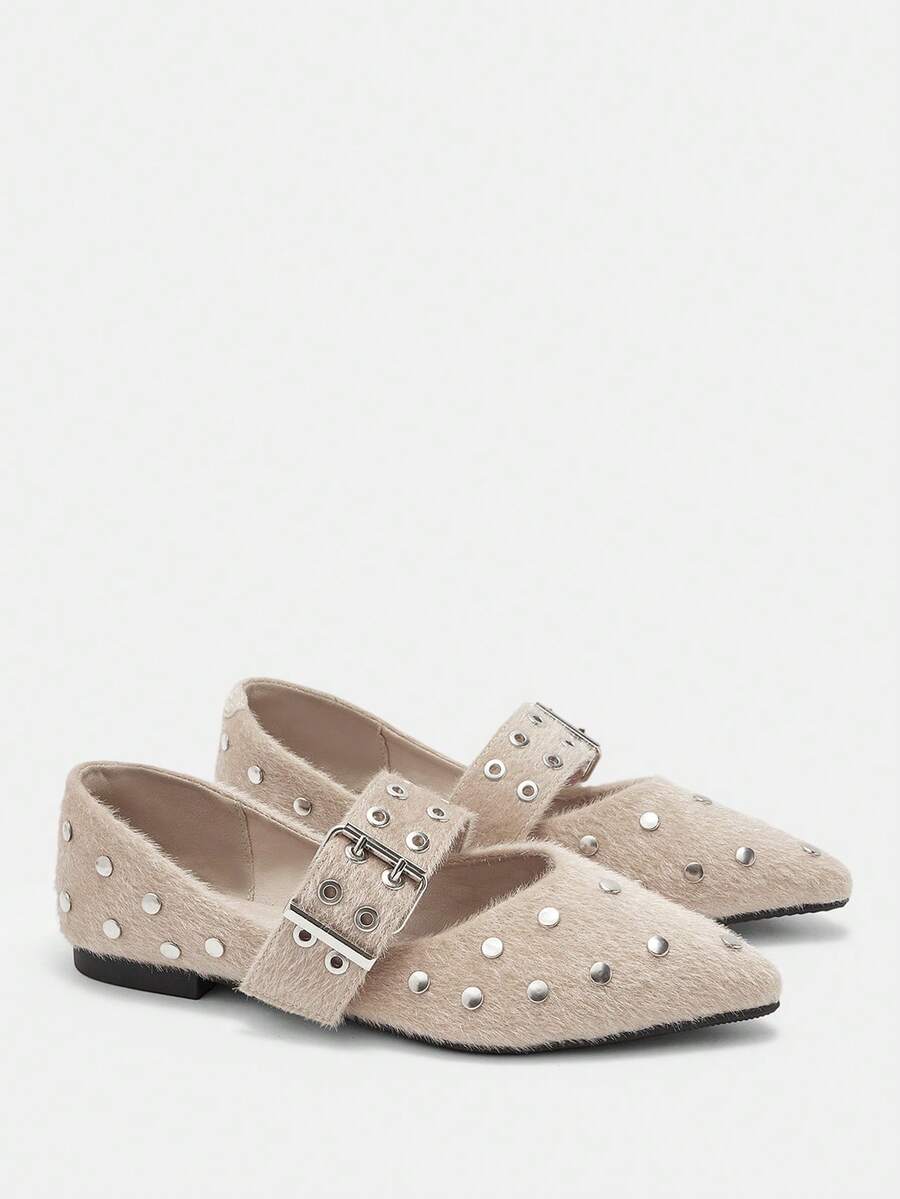 CUCCOO GRLICON Women's Pointed Toe Rivet Buckle Design Casual Fashionable Flat Shoes Valentine's Day - Apricot - View 1