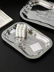 1 Piece Large Vintage Stainless Steel Tray With Elegant French Embossed Pattern High Quality Durable Cake Plate Serving Tray For Home Dining Tabletop Storage Decor Party Wedding Coffee House Essential Hot Item - Silver - View 4