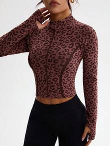 Dewbera Fashionable Leopard Print Front Zipper Fitted Cropped Sports Jacket - Brown - View 6