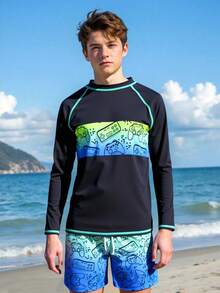 Boys Rash Guard Set For Boys 2 Pieces Swimsuits Colorful Game Console Long Sleeves Bathing Suits With Trunks Quick Dry Swim Shirts Summer Vacation Thermal Christmas Holiday Festival New Years Valentines Swim Teen Rash Guard Teen Boys Swim Shirt Boys Long Sleeve Swim Boys Rash Guard Top - Black - View 1