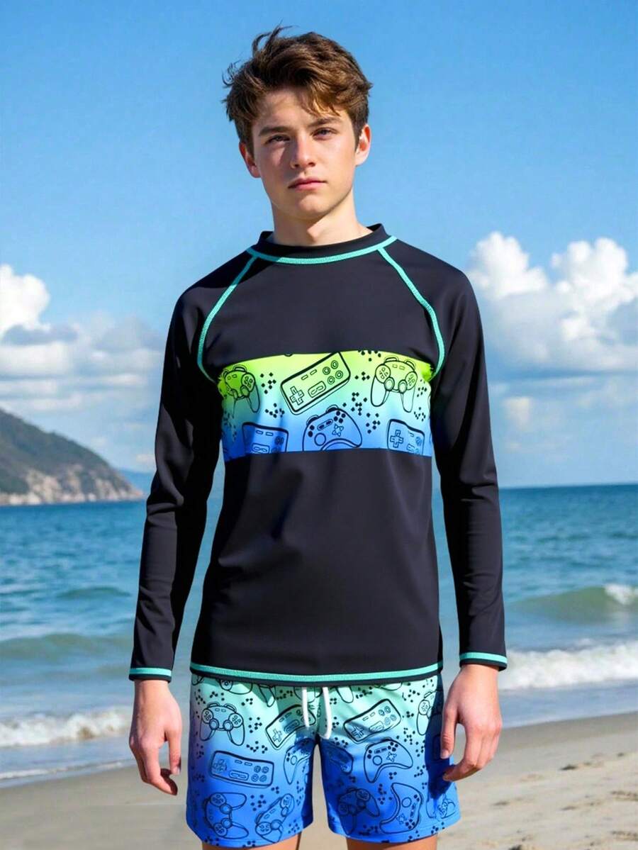 Boys Rash Guard Set For Boys 2 Pieces Swimsuits Colorful Game Console Long Sleeves Bathing Suits With Trunks Quick Dry Swim Shirts Summer Vacation Thermal Christmas Holiday Festival New Years Valentines Swim Teen Rash Guard Teen Boys Swim Shirt Boys Long Sleeve Swim Boys Rash Guard Top - Black - View 1