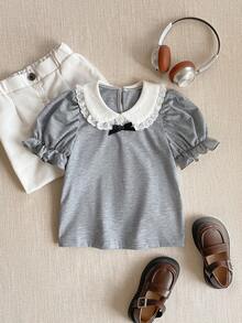 PrepCrw Camiseta de manga abullonada con cuello Peter Pan, decoración de lazo y contraste de color, estilo preppy para niñas jóvenes - Gris - Ver 2