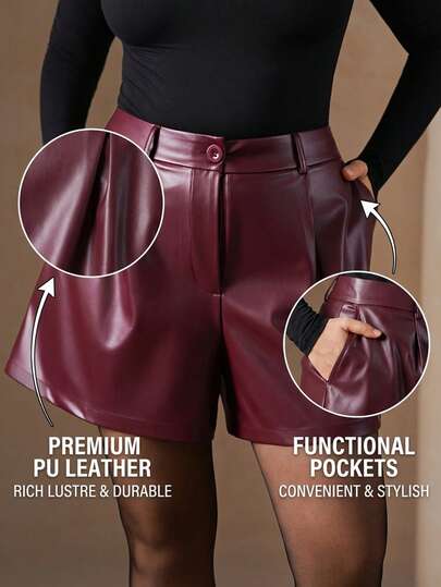 Chikora Shorts anchos de piel sintética de unicolor, versátiles y de moda para mujeres curvy y de talla grande, hechos de tela de PU de alta calidad, shorts de color borgoña, shorts de cuero para mujer de cintura alta, shorts elegantes para mujer