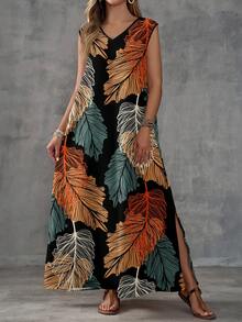 EMERY ROSE Vestido de mujer con cuello en V y estampado de hojas, adecuado para primavera/verano, informal - Multicolor - Ver 4