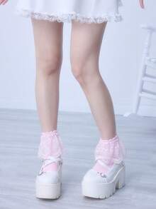 ROMWE Kawaii 女款素色荷葉邊中筒襪 - 多色A3 - 查看 2