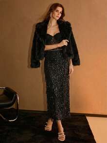 MOTF PREMIUM Falda recta con detalle de flecos de lentejuelas para mujer, para uso en fiestas - Negro - Ver 7