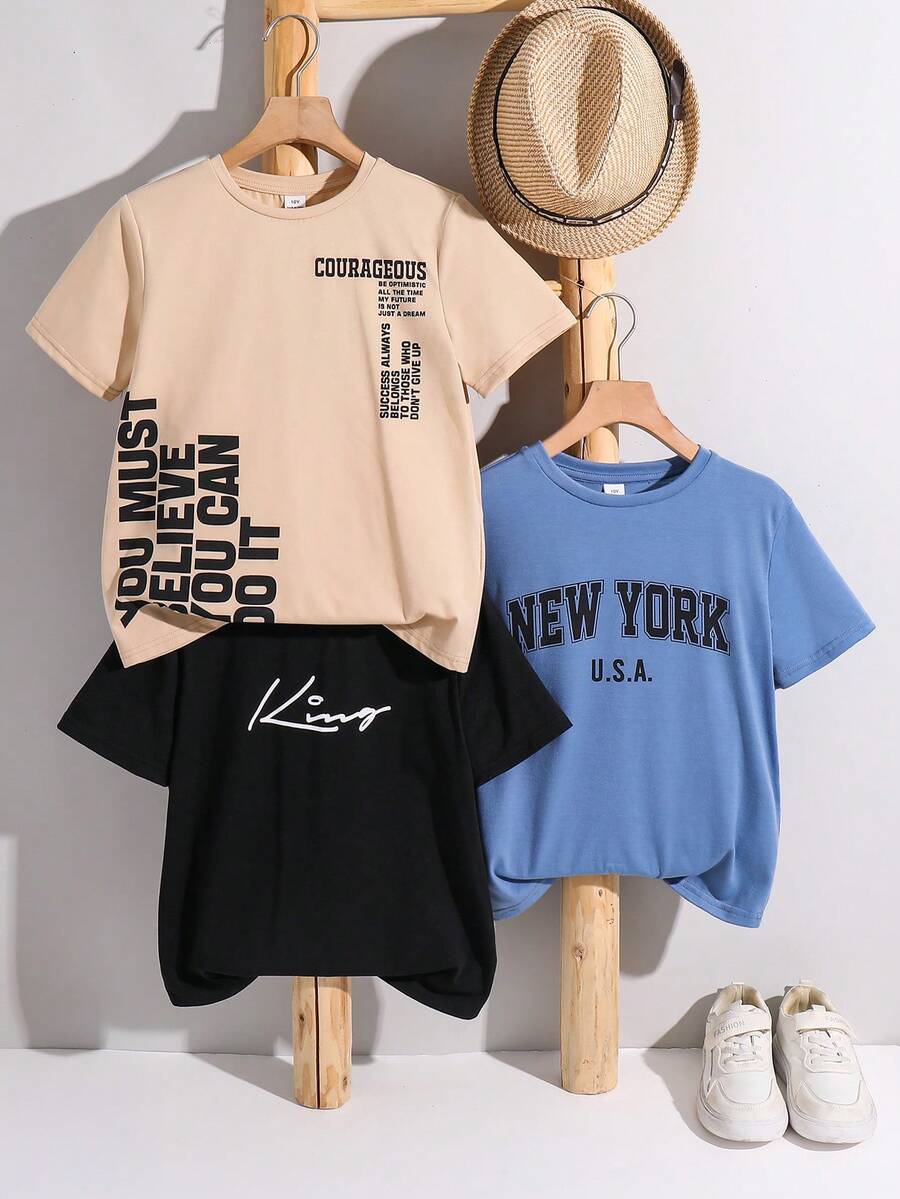 Set de 3 camisetas de punto con cuello redondo y estampado gráfico de letras para niño preadolescente, adecuado para la escuela y salidas, primavera/verano - Neblina azul - Ver 1