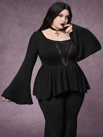 Plus Size Women Gothic Style Contrast Lace Round Neck Flare Sleeve Ruffle Hem Fashion T-Shirt