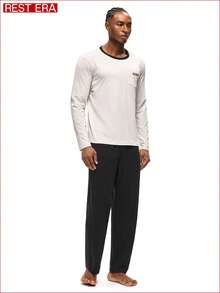 Rest Era Men's Crew Neck Long Sleeve & Long Pants Casual Pajama Set - Black - View 5