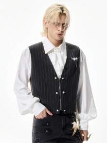 ROMWE MEN Goth Men's Striped Zip-Front Casual Versatile Commuter Vest - Black - View 6