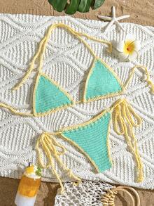 Swim Mod 26SS Women's Yellow Handmade Crochet Bikini Set,Handmade Lemon Pattern Boho Beach Outfit,Bohemian Holiday Triangle Swimsuit,Summer Vacation 2-Piece - Multicolor - View 7