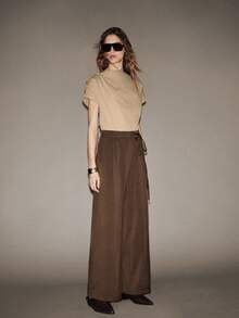 Lumivelle Brown Relaxed Fit Wide Leg Pants, Criss-Cross Tie Design, Casual Chic For Commute And Leisure - Brown - View 8