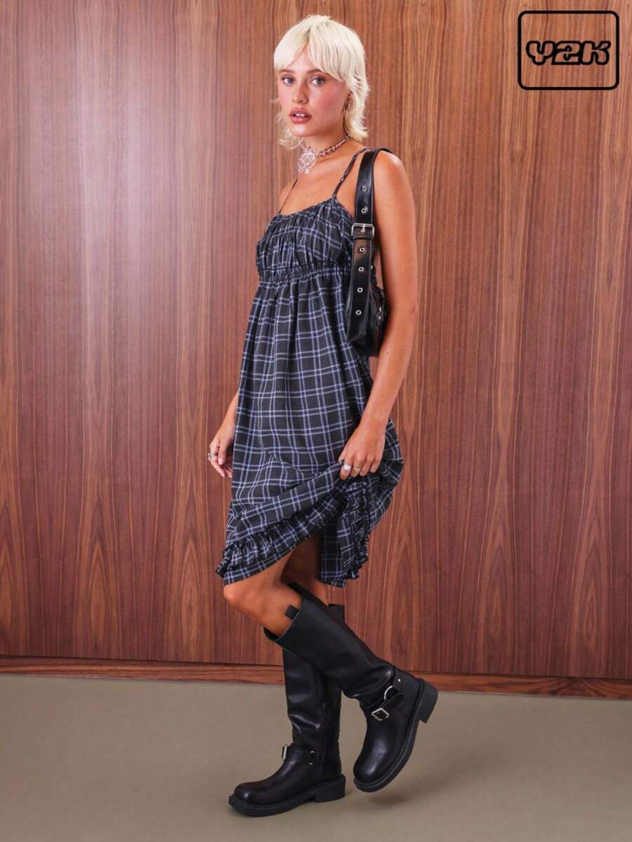 COUREZ 中长款褶皱连衣裙 / Y2K 风格外出穿搭 秋季女装 秋装 可爱冬季性感婚礼宾客礼服 约会穿搭 - 深灰色 - 查看 1