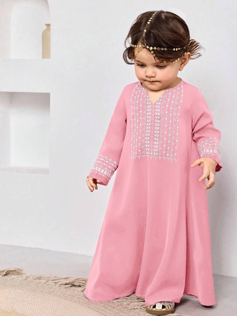 Gaun Panjang/Jubah Jalabiya Kasual Longgar Minimalis untuk Bayi Perempuan - Berwarna merah muda - View 1