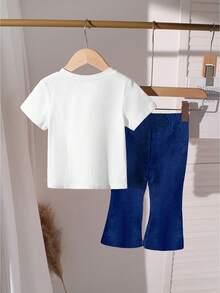 2pcs/Set Girls Toddler T-Shirt & Flare Pants Outfit, Denim Print Bow Decor, Letter Graphic, Cute & Lively, Versatile All-Match Casual Wear, Suitable For Outings, All Seasons Girl Jeans Set Girls Denim Sets Bell Bottoms Girl 2 Piece Set 3 Pcs Set Girls Cool Girls Bell Bottom Outfit - Multicolor - View 2