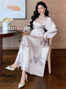 DAZY 花卉印花收腰V领灯笼袖优雅度假连衣裙，适合女性，春秋季长款连衣裙 - 杏色 - 查看 4