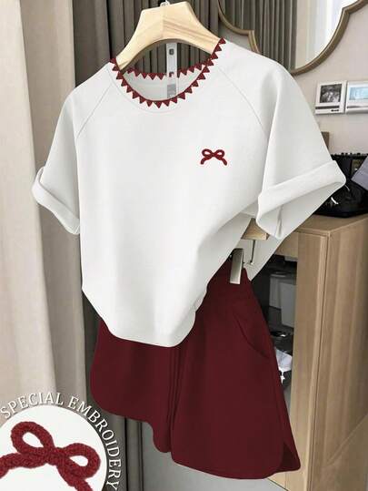 EMERY ROSE Conjunto de 2 piezas de camiseta y pantalones cortos de talla grande con estampado de moños, para el verano