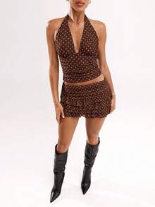 SHEIN BAE Women's Polka Dot Print Deep V Neck Ruched Cropped Halter Camisole - Multicolor - View 4