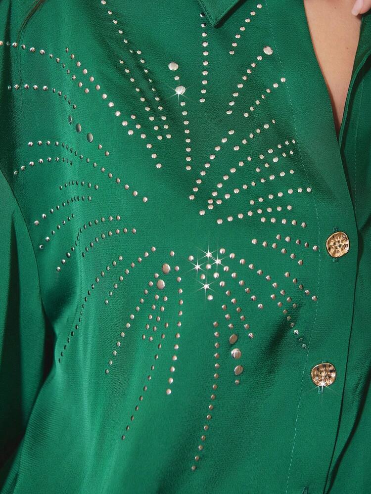 SHEIN Maija Valentine's Day Green Satin Rhinestone Embellished Loose Long Sleeve Blouse, Chic For Christmas Holiday Elegant Blouses For Party Green Blouses Sexy Blouses Family Christmas Pajamas New Year's For Women New Year's Eve Spring Women Glitter Top