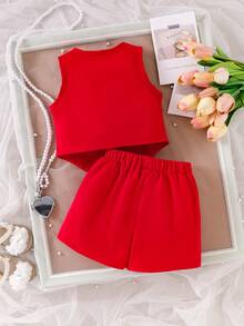 2pcs Baby Girls' Red Bow Button Vest & Shorts Set, Summer Children Fashion Commuter Style Outfit Toddler Girl Red Outfit - Red - View 2