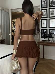 Ronhire 女式纯色腰部褶饰多层荷叶边下摆时尚短裙 - 咖啡棕 - 查看 3