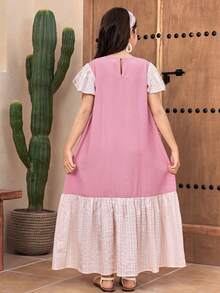 SHEIN Vestido maxi de algodón suelto con estampado floral rosa, patchwork y mangas con volantes para niña preadolescente, con bolso de accesorios, vestido largo estilo boho para fiesta de verano - Rosa - Ver 8